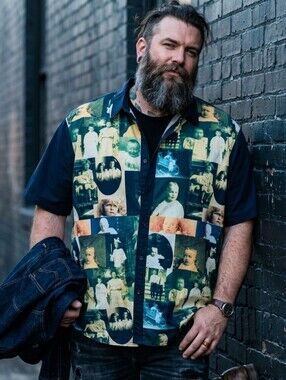 Men's Haunted Portraits Button Up Short Sleeve Shirt by Cowcow Size 2XL